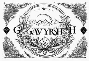 Sketch of tattoo inscription, in nature, above the stomach, under the chest, semicircle, Latin, in the style of letters, the word "GAVRYSH". tattoo idea