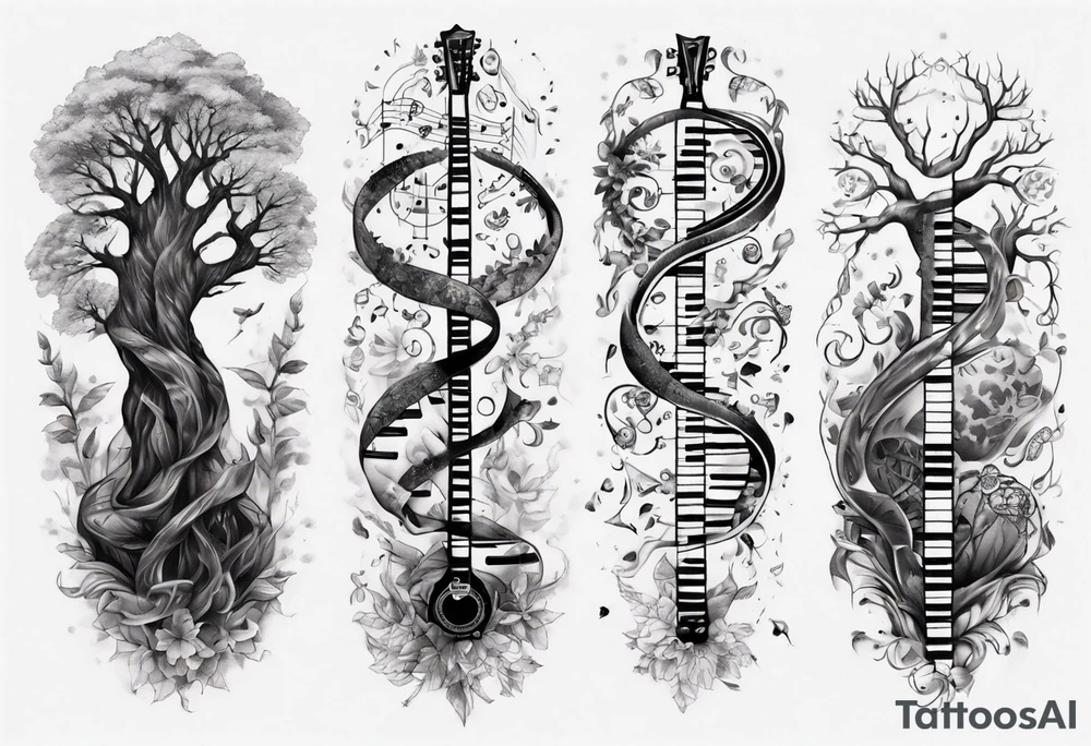 full arm sleeve tattoo... DNA science guitar piano, music. tree of life tattoo idea