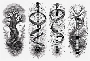 full arm sleeve tattoo... DNA science guitar piano, music. tree of life tattoo idea