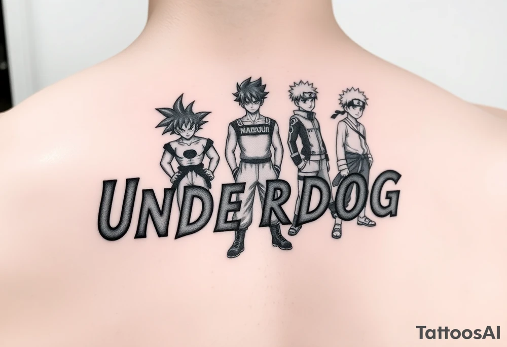 the word underdog in a cool font with 3 anime characters Goku ippo and Naruto one standing in the middle one standing on the right and one standing on the left
 on a shoulder tattoo idea