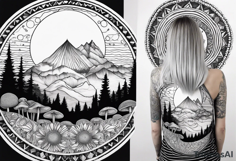 Straight blonde hair girl facing away toward mountains surrounded by mushrooms crescent moon mandala circular design black and white striped dress "8" tattoo idea
