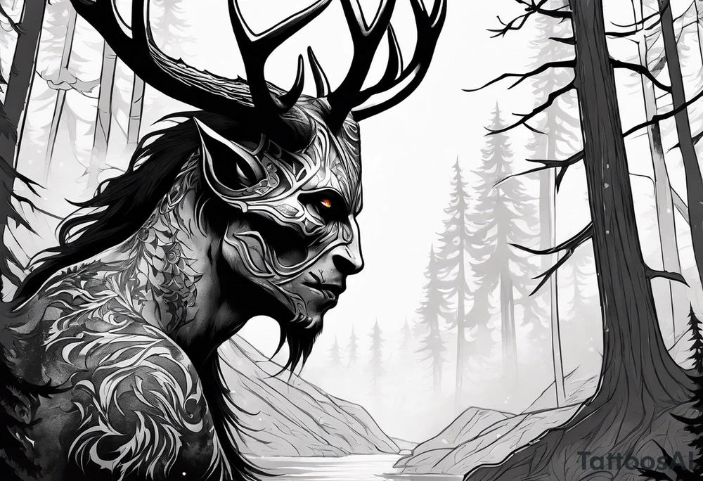 A scary dead lore accurate wendigo side profile surrounded by a forest fire in background tattoo idea