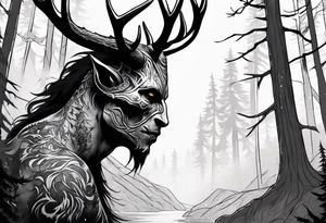 A scary dead lore accurate wendigo side profile surrounded by a forest fire in background tattoo idea