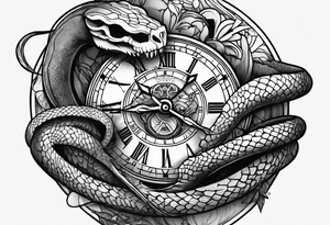 Hand tattoo snake biting clock with skeleton hand bone on wrist tattoo idea