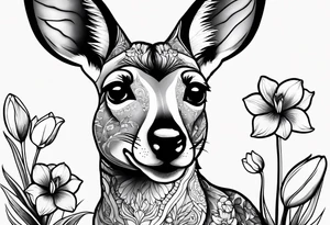 A kangaroo with a puppy in its pick surronded by tulipa tattoo idea