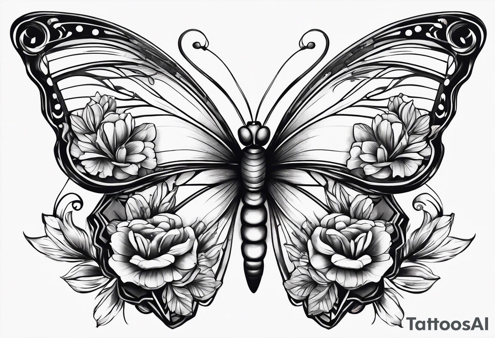 Butterfly with strand of flowers tattoo idea