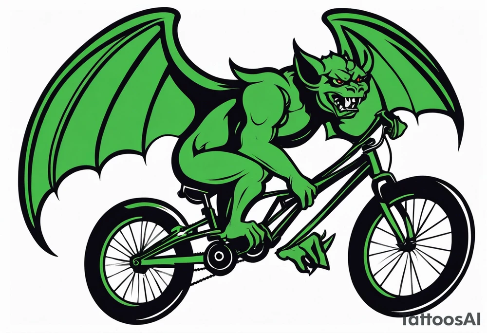 gargoyle riding a full suspension green mountain bike with a shadow no background with wings tattoo idea