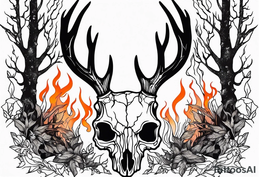 Halloween side view of a DECAYING deer skull JUST BONE surrounded by a flames and trees in background tattoo idea