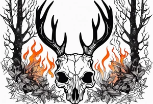 Halloween side view of a DECAYING deer skull JUST BONE surrounded by a flames and trees in background tattoo idea