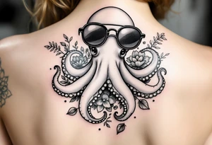 cute octopus, wearing sunglasses, friendly, surrounded by floral ornaments and oceanic items tattoo idea
