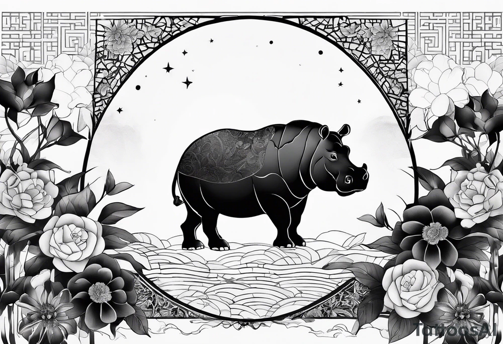 Asymmetrical, geometric, chinese ink art touch, hippo , full moon, flower, light tattoo idea