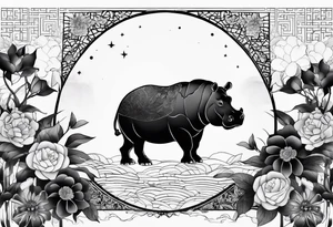 Asymmetrical, geometric, chinese ink art touch, hippo , full moon, flower, light tattoo idea