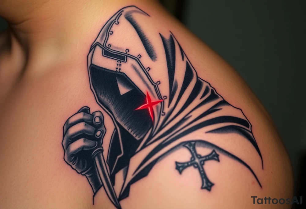 A hooded Templar assassin, hidden in the shadows, gripping a dagger, with the faint outline of a red cross glowing on his cloak tattoo idea