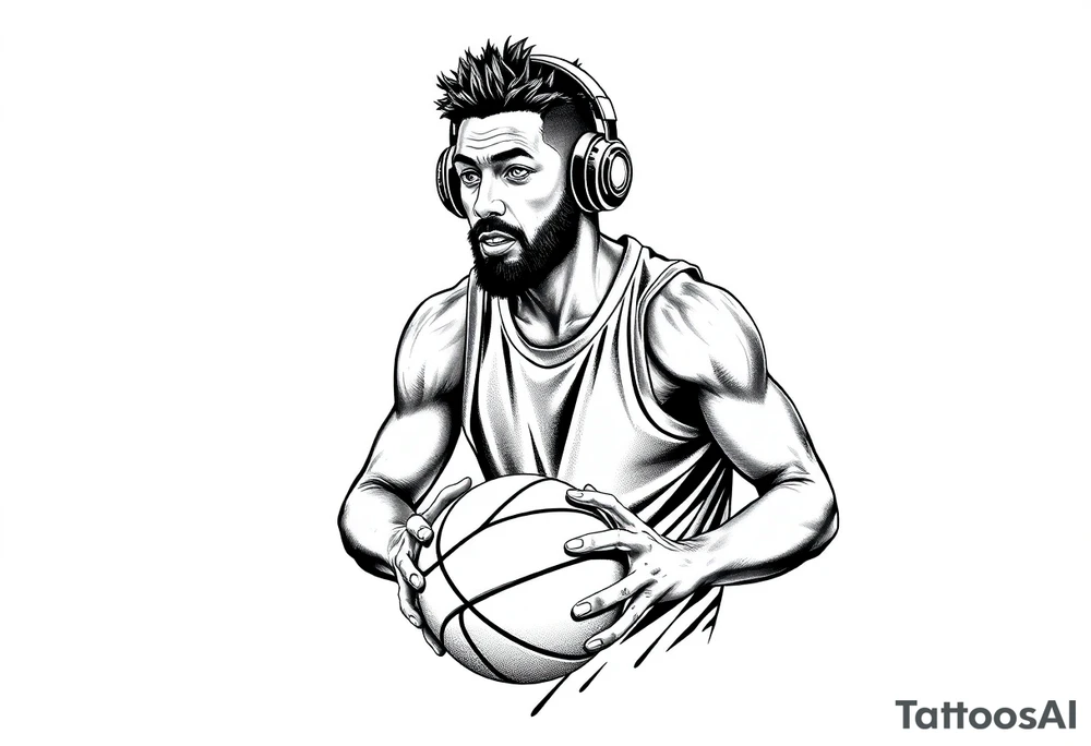 A guy dribbling a basketball with headphones on tattoo idea