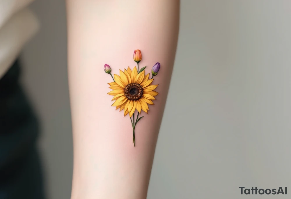 Small yellow sunflowers and simple stargazer Lilly in pale pink and pale purple tulip buds in a dainty wildflower bouquet with light green stems. No outlines on the flowers. Include feminine stem lines. tattoo idea