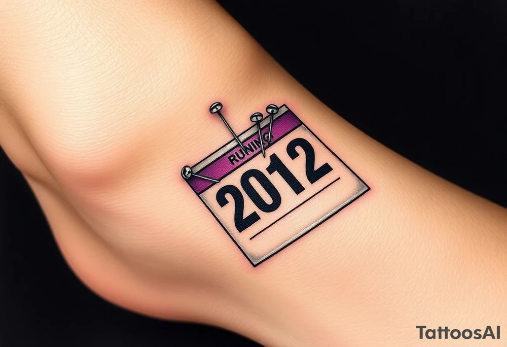 Safety pins through the skin attaching a running bib with 2012 and purple and gold accents tattoo idea