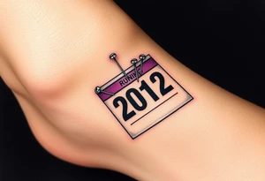 Safety pins through the skin attaching a running bib with 2012 and purple and gold accents tattoo idea