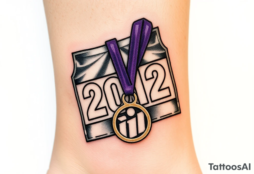 Running bib with 2012 with purple and gold and safety pins going through my skin. Running medal draped in with it tattoo idea