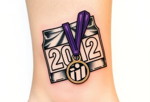 Running bib with 2012 with purple and gold and safety pins going through my skin. Running medal draped in with it tattoo idea