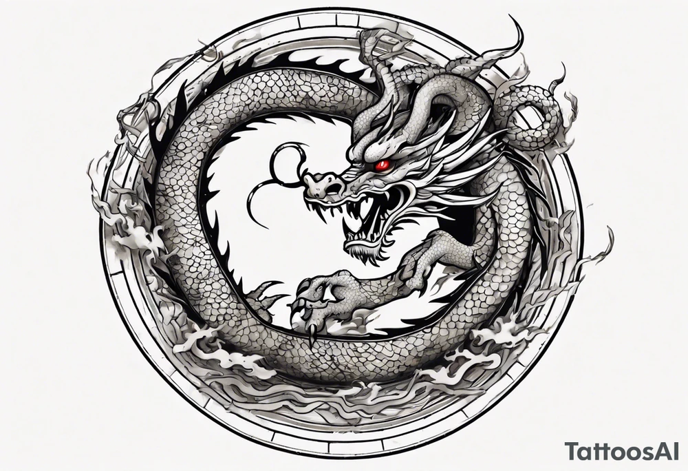 Chinese dragon in a circular shape with "02.03" written on its skin tattoo idea