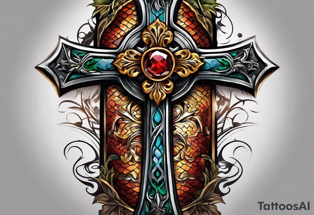 A cross with a viper around tattoo idea