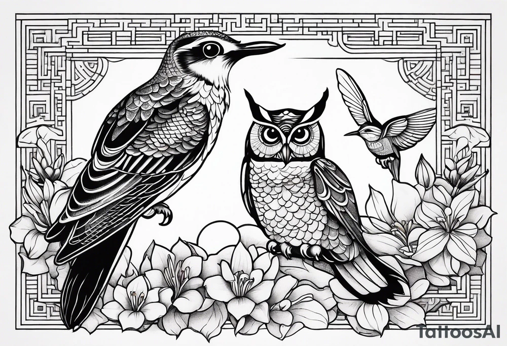 Owl, hummingbird, loon, lily tattoo idea