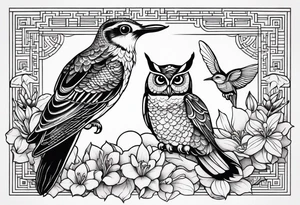 Owl, hummingbird, loon, lily tattoo idea