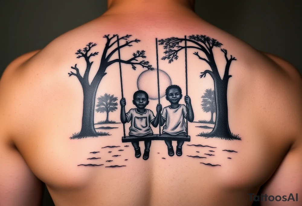 2 black boys swinging on swings at a park while the sun is setting realistic 
With trees and grass and sand tattoo idea