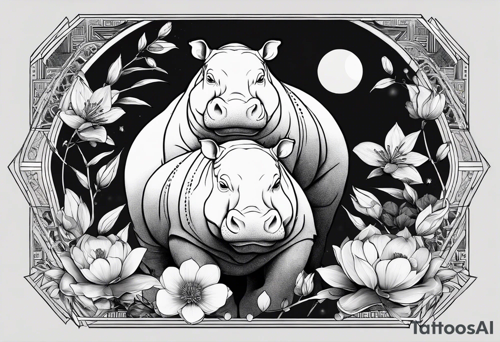 Very asymmetrical, +geometric pattern, with realistic full moon, with seeious looking hippo, with zen feel,
with wintersweet flower bud, +portrait orientation, +inkart touch, tattoo idea