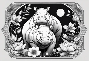 Very asymmetrical, +geometric pattern, with realistic full moon, with seeious looking hippo, with zen feel,
with wintersweet flower bud, +portrait orientation, +inkart touch, tattoo idea