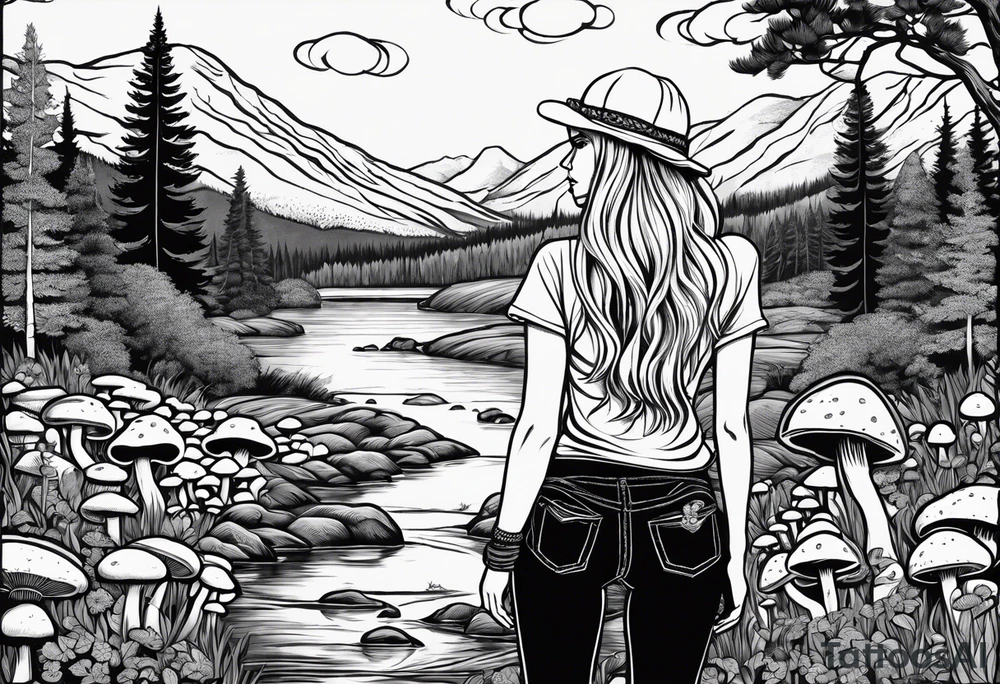 Straight long blonde hair hippie girl in distance holding mushrooms in hand facing away toward mountains and creek surrounded by mushrooms tee shirt and hiking pants; whole rendering within a full circle, no cut off circle tattoo idea