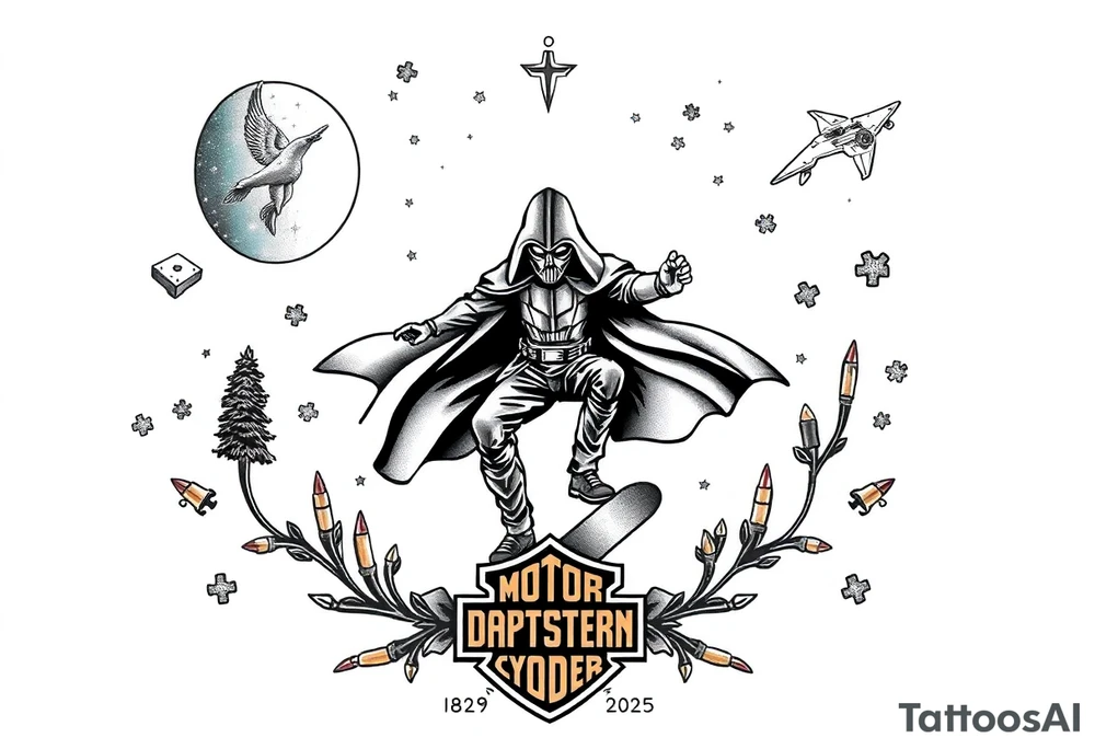 memorial, futuristic, star wars, space, skateboarding, camping, puzzle pieces, video games, heaven, god, outdoors, bullets, Harley Davidson, 
Seth J. Carter AKA "Darth Carter"
12/29/88-01/06/2025 tattoo idea