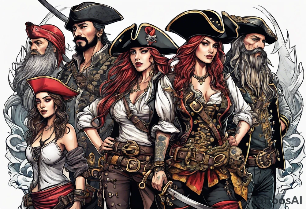 sexy female pirates with a group of skull pirates and a sea monster tattoo idea