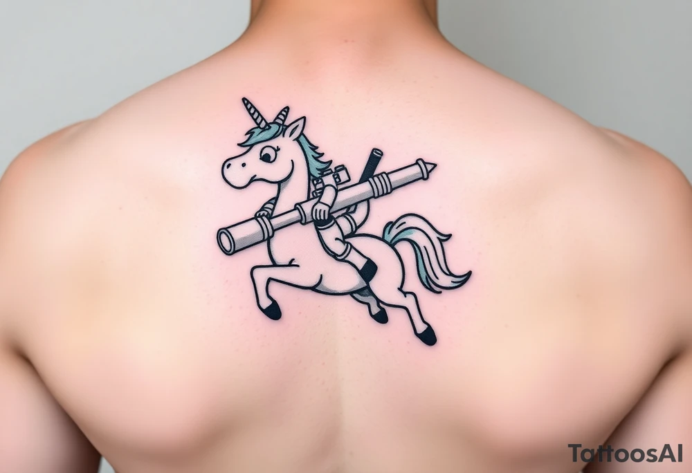 Deadpool riding cartoon unicorn holding rocket propelled grenade launcher tattoo idea
