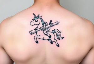 Deadpool riding cartoon unicorn holding rocket propelled grenade launcher tattoo idea