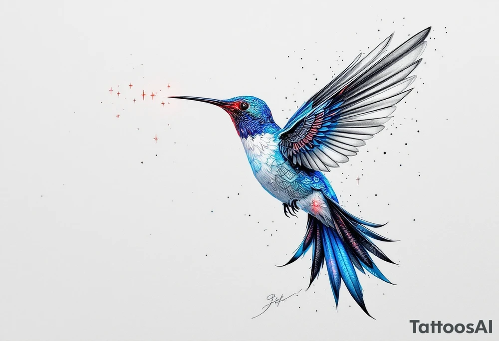 A hummingbird leaving a trail of glowing hieroglyphs as it flies(only red, blue and black are possible colors) tattoo idea