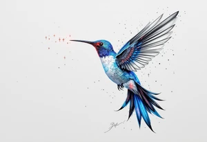 A hummingbird leaving a trail of glowing hieroglyphs as it flies(only red, blue and black are possible colors) tattoo idea