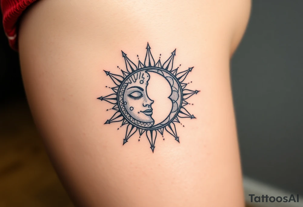 celestial sun and moon embrace with constellation patterns tattoo idea