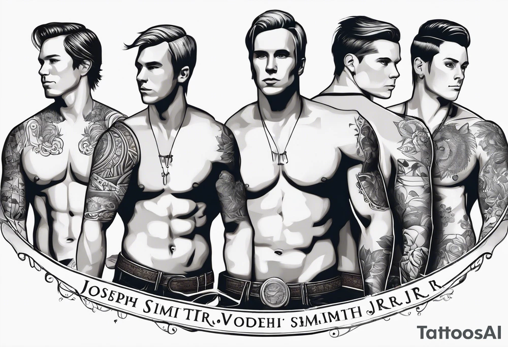 Joseph Smith Jr. without a shirt, and all his polygamist wives names tattooed on his arms tattoo idea