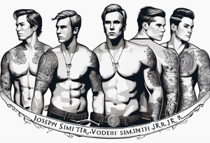 Joseph Smith Jr. without a shirt, and all his polygamist wives names tattooed on his arms tattoo idea