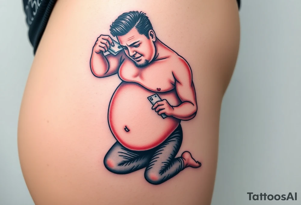 pathetic beta male with disgusting saggy body, fat belly and limp dick on his knees offering money tattoo idea