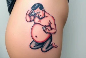 pathetic beta male with disgusting saggy body, fat belly and limp dick on his knees offering money tattoo idea