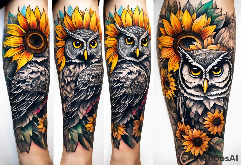 Leg sleeve with colorful sunflowers and an owl tattoo idea