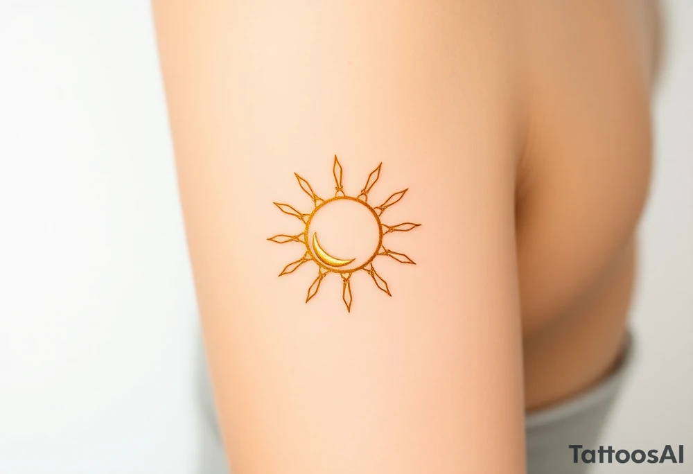 A glowing sun and a tiny crescent moon intertwined, in soft golden and silver tones, symbolizing the balance of parent and child tattoo idea