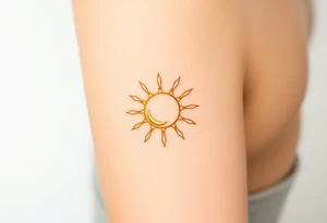 A glowing sun and a tiny crescent moon intertwined, in soft golden and silver tones, symbolizing the balance of parent and child tattoo idea