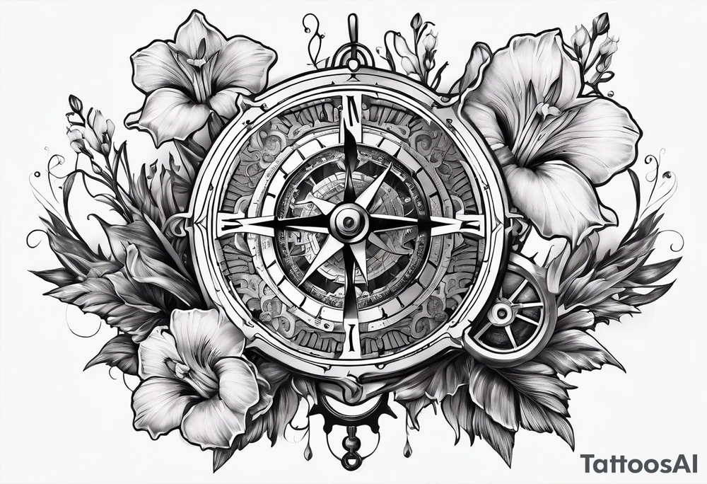 A Vintage compass and gears with gladiolus. tattoo idea