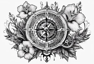 A Vintage compass and gears with gladiolus. tattoo idea