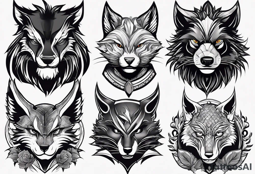 a super hero team which is combination of animals.
One is Badger/Wolverine One is Bull One is Wolf One is Axolotl One is Canary One is Lizard One is Cat tattoo idea