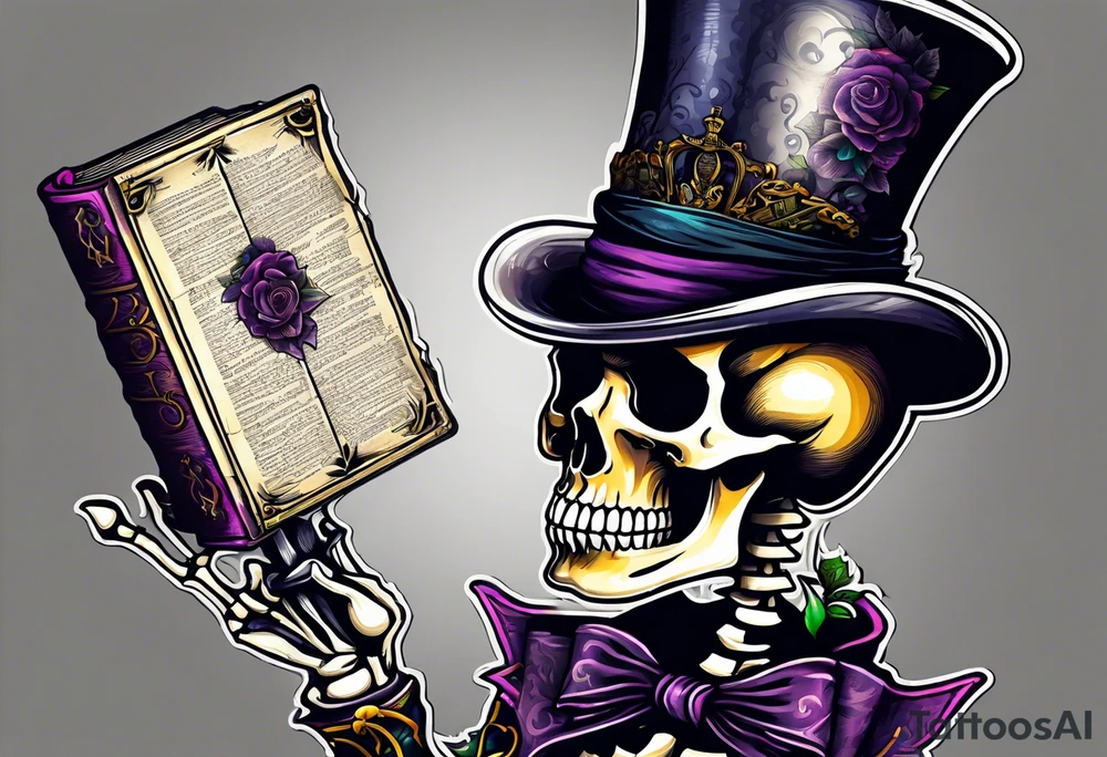 skeleton wearing a top hat holding a holy bible tattoo idea