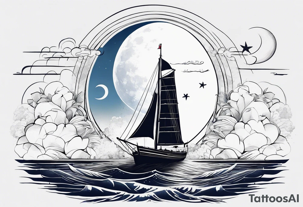 bateau, phare maritime et lune bleu tattoo idea